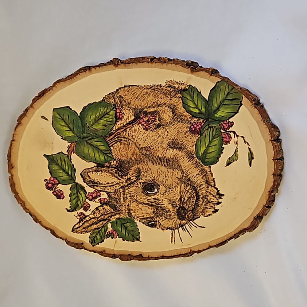 Hand painted and Carved Acrylic Rabbit and Berries Original Piece on Wood Slice